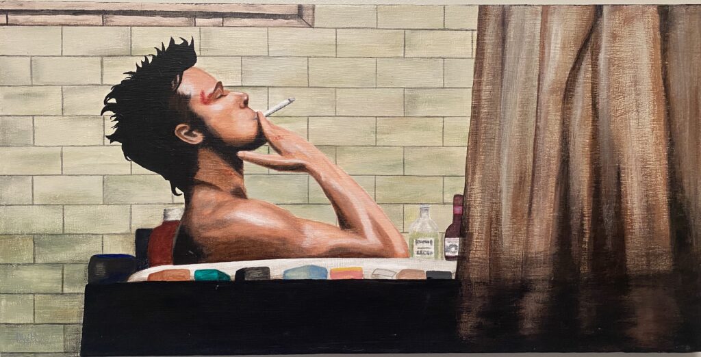 Wayne Hammett painting - Brad in a bathtub smoking.